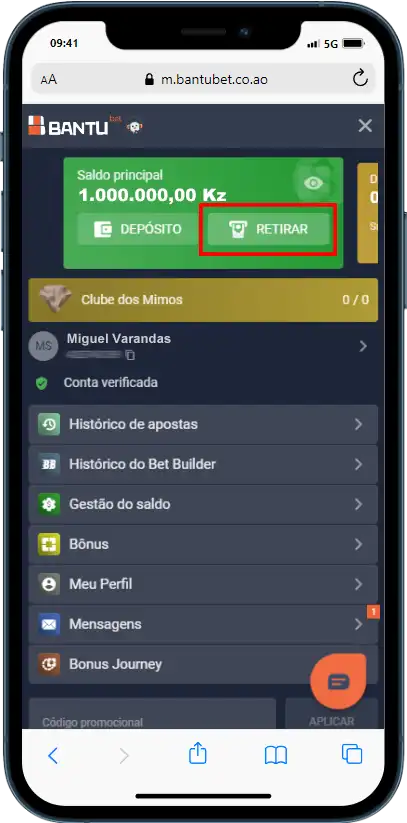 Tela Perfil Retirar Bantu Bet, Bantubet
