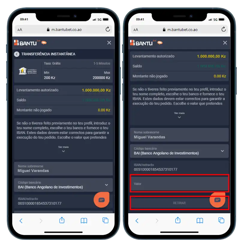 Tela Transferencia Instantânea Bantu Bet, Bantubet