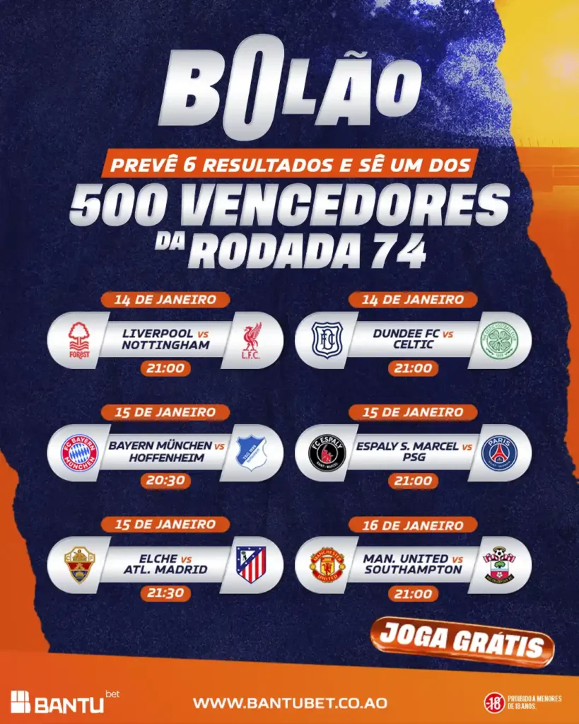 Bolão da Rodada 74 na Bantu Bet ou Bantubet